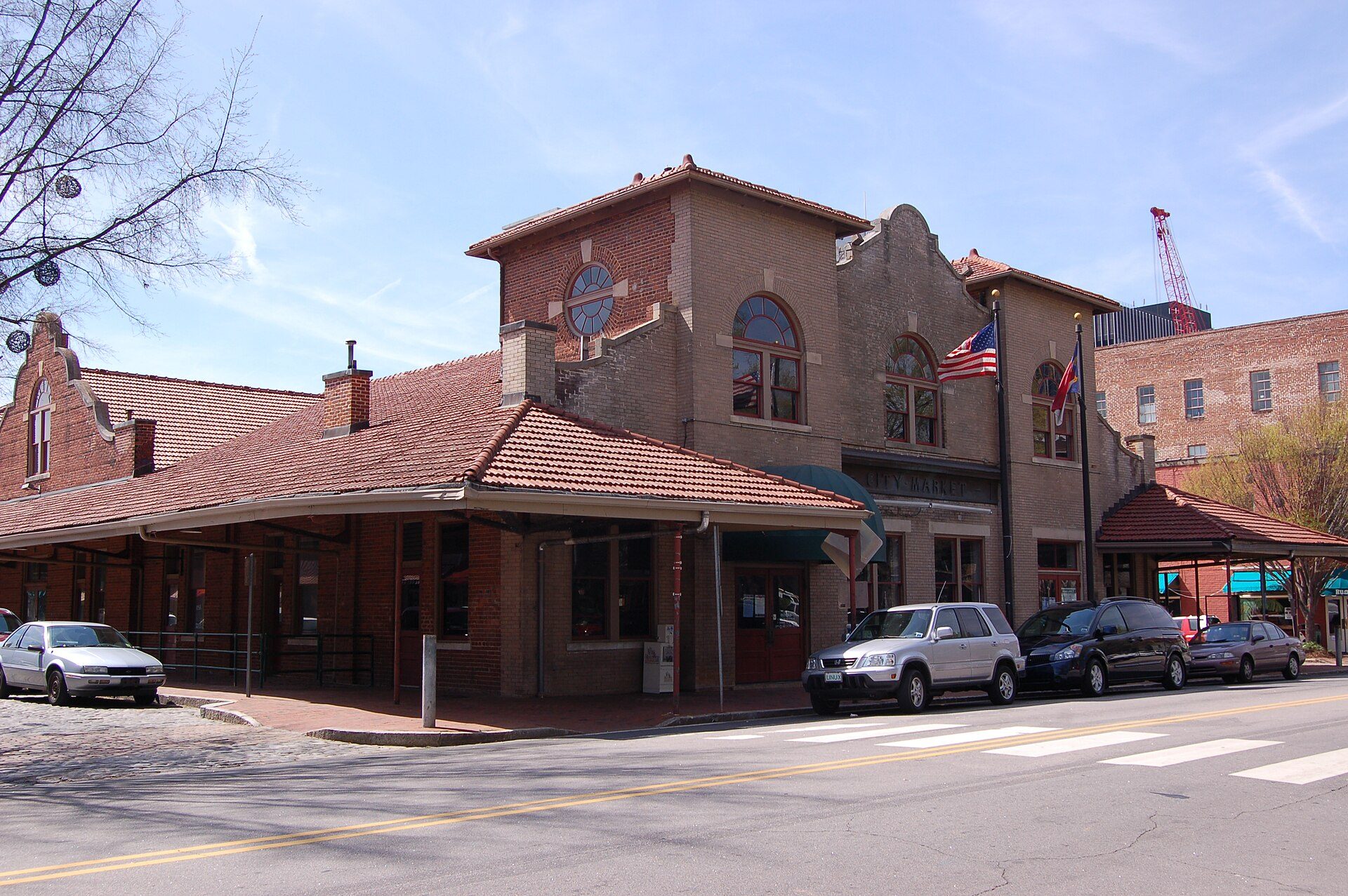 Cobblestone street and storefronts at City Market