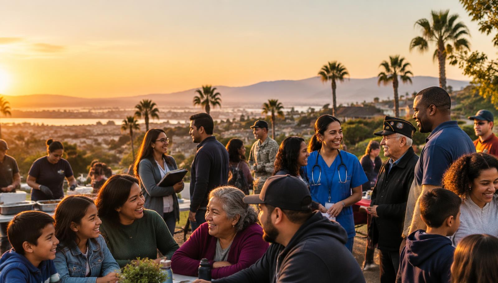 Local neighbors gathered together at golden hour
